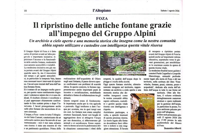 Articolo "Il ripristino delle fontane grazie all'impegno del Gruppo Alpini Foza".