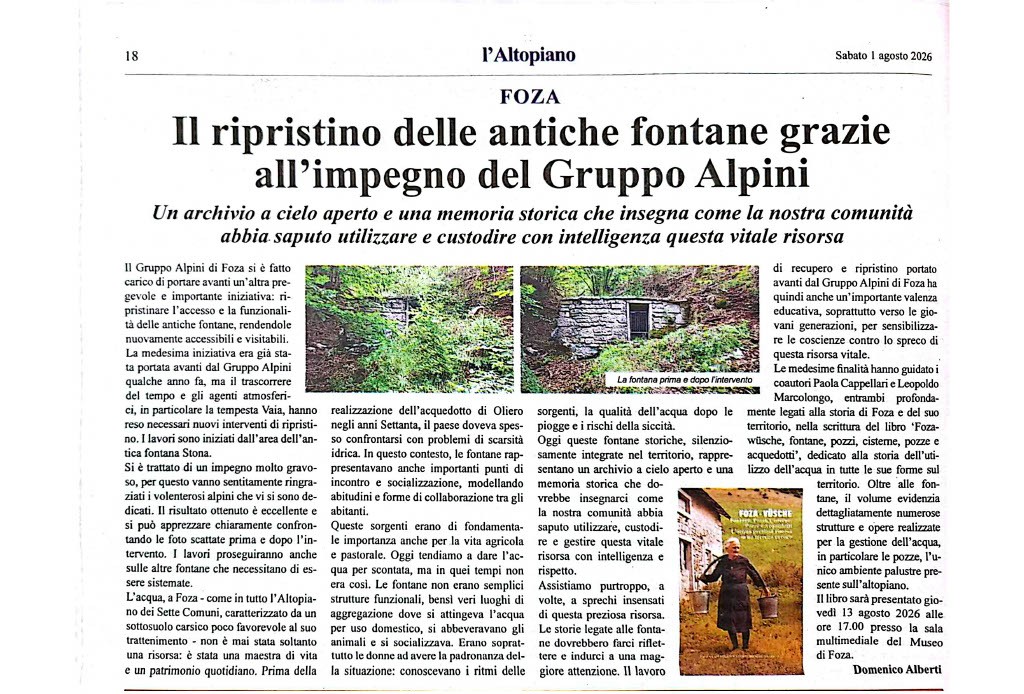 Articolo "Il ripristino delle fontane grazie all'impegno del Gruppo Alpini Foza".