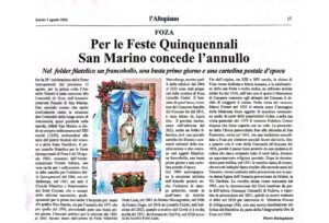 articolo "Per le feste Quinquennali San Marino concede l'annullo"