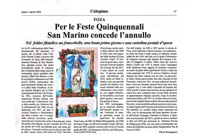 articolo "Per le feste Quinquennali San Marino concede l'annullo"